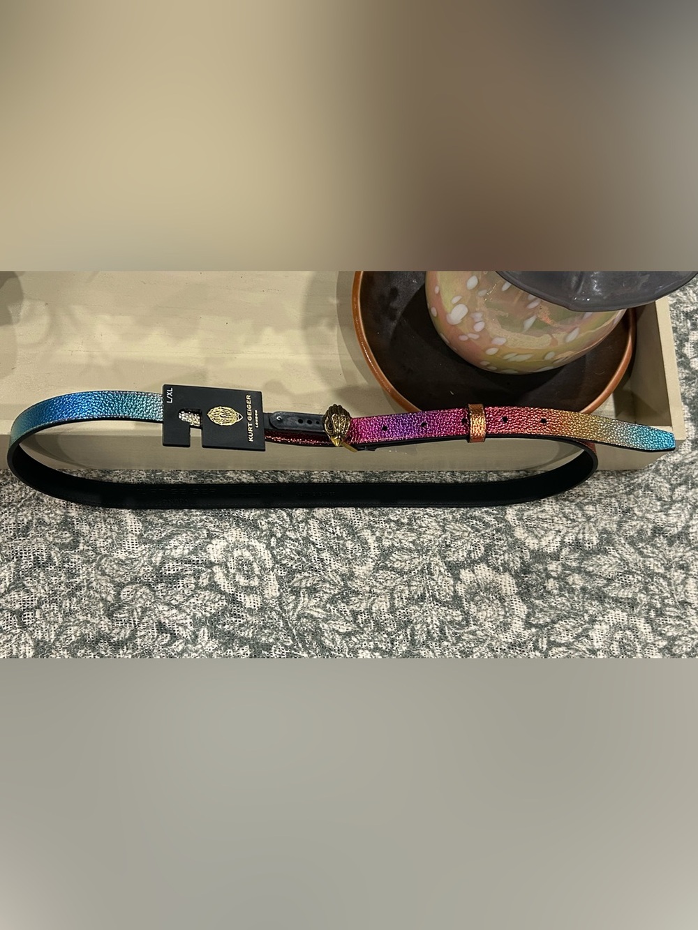 Kurt Geiger Multicolor Metallic Skinny Belt with Gold Buckle